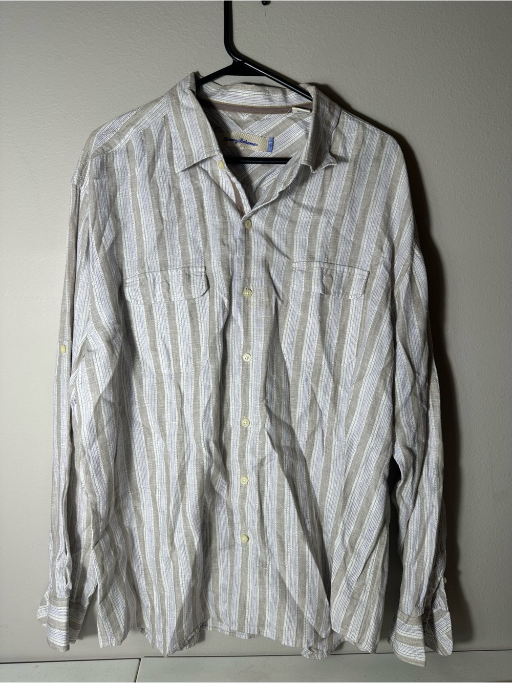 Tommy Bahama Beige & White Striped Long-Sleeve Button-Up Shirt